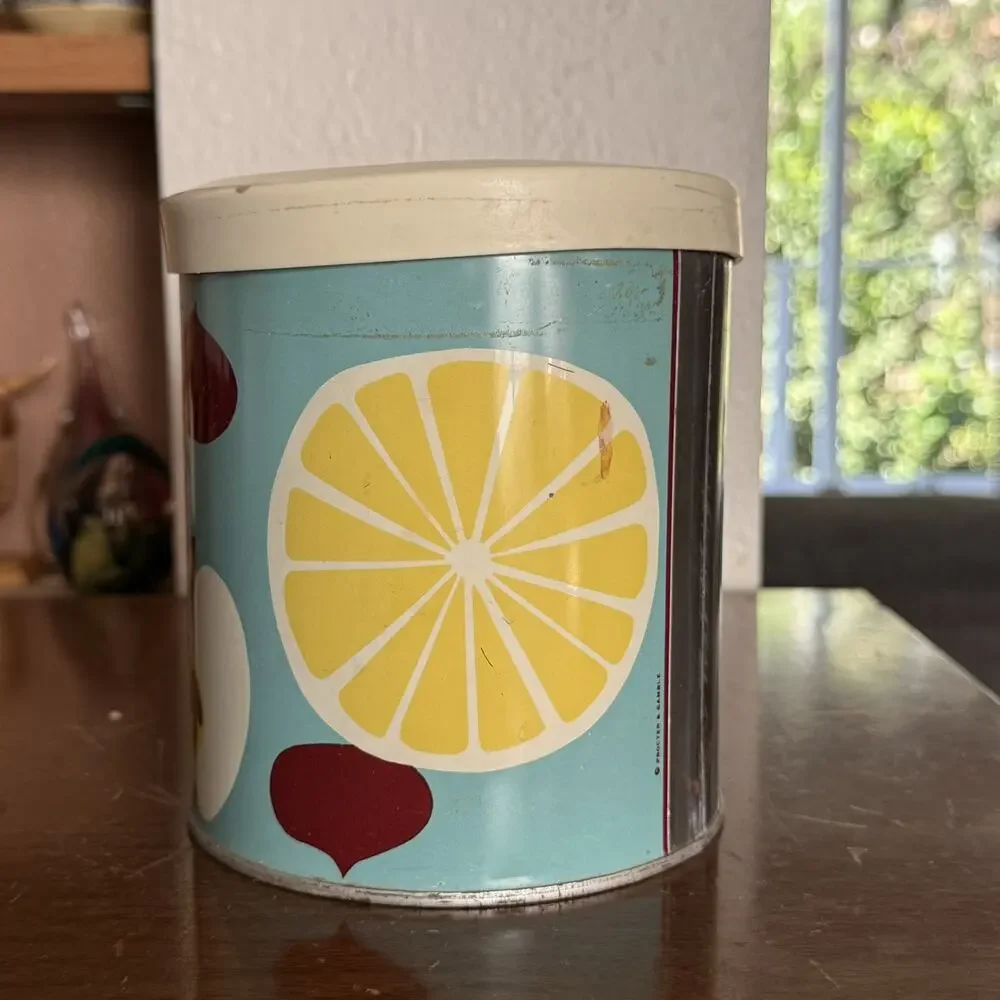 Vintage Metal Yellow Kitchen Canister With Plastic Lid Mid Century Fruit